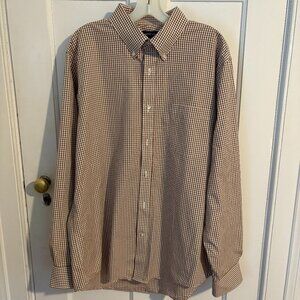 Men's Lands' End Brown and White Checked Button Down Shirt, Size 16-16 1/2